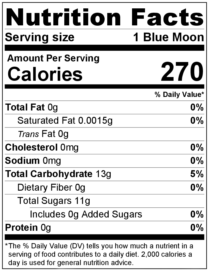 Blue Moon nutrition label